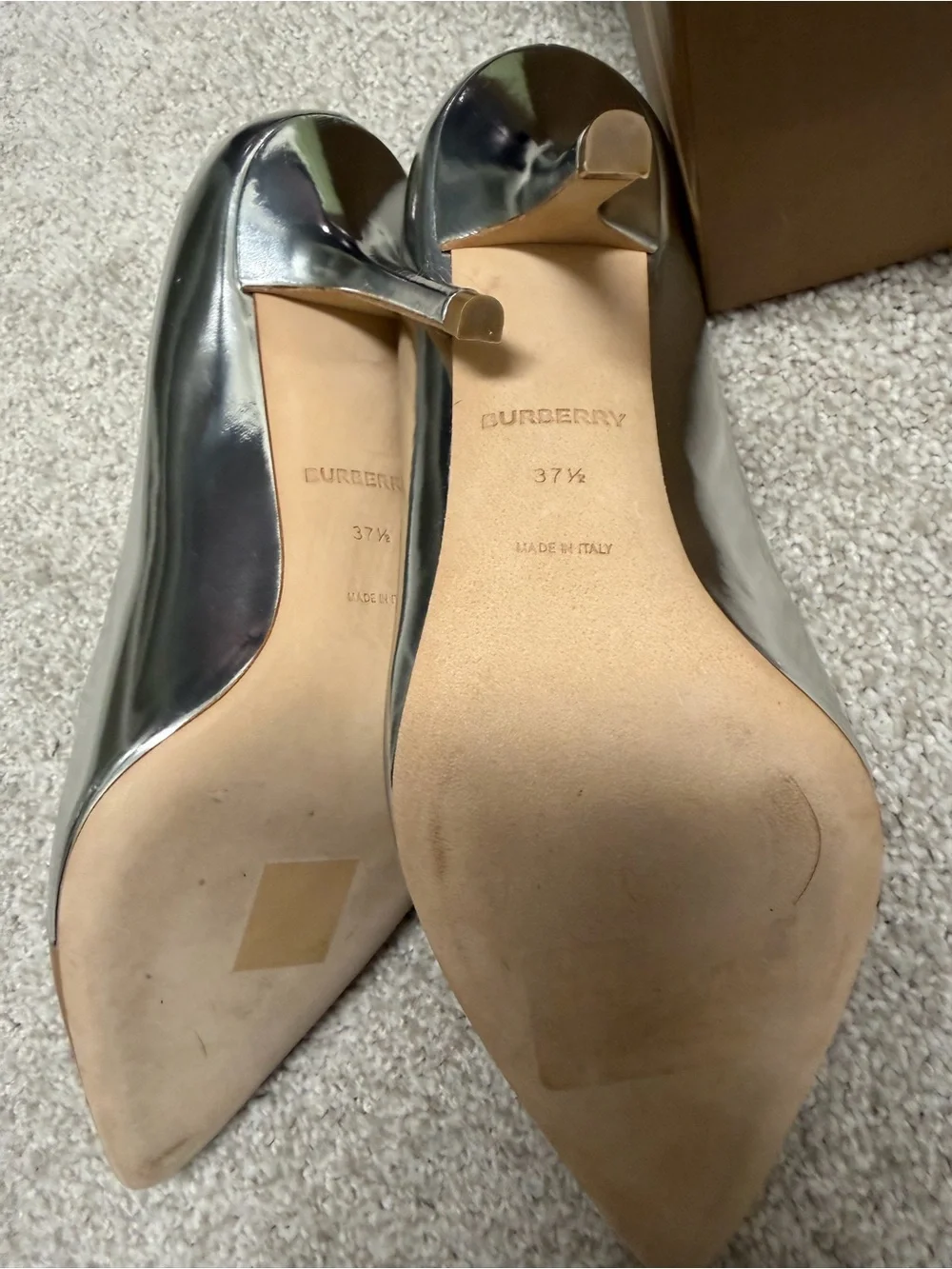 Burberry Silver Metallic Pointed Pumps with Tan Cap Toe